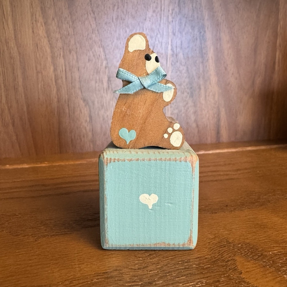 Vintage Hand Painted Wooden Baby Blue Bear & Rabbit. Farmhouse Cottagecore Decor - Picture 7 of 16